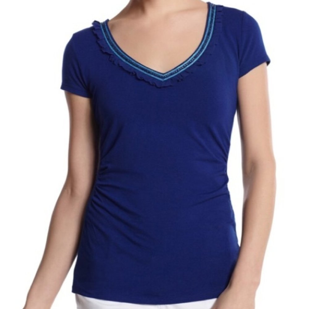 White House Black Market Beaded V Neck Tee